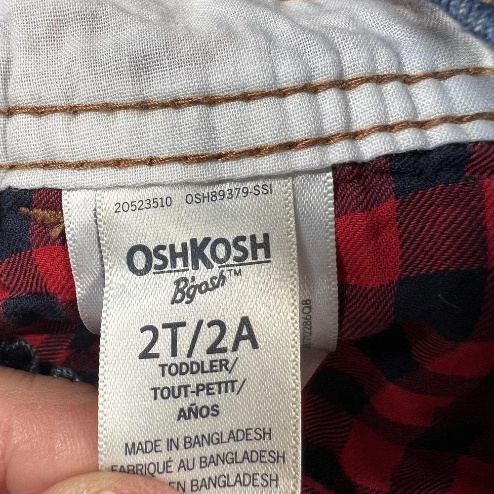 OshKosh B'gosh Overalls Kids 2T Blue Denim Lined Plaid Cuff Adjustable Strap